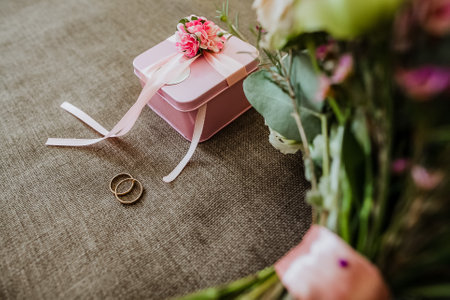 wedding rings, wedding rings and bouquet in one composition, ring box, wedding day, close-upの写真素材