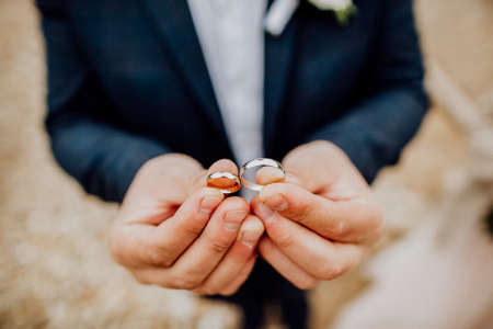 wedding rings, wedding rings and bouquet in one composition, ring box, wedding day, close-up