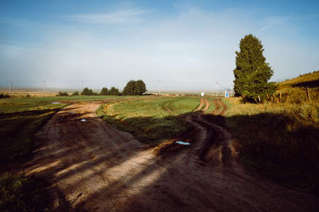 shadows from the forest fall on the dirt road, early morning in the village, the nature of Russia, the road is divided into two partsの写真素材