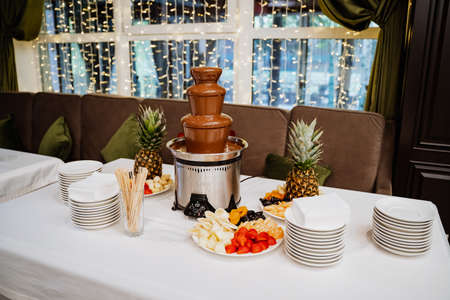 a chocolate fountain stands on a white table with sliced fruit next to it. dessert table. Sweet table on the occasion.の写真素材