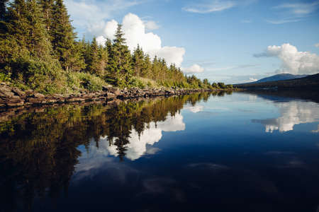 reflection of trees in water, mountain lake with reflection, mirror landscape in reflection, reservoir mountains travelの写真素材