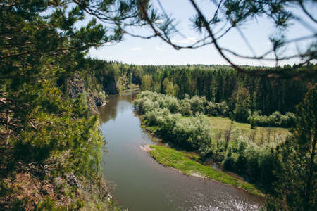 the river flows through the taiga in the forest, green forest surrounds the reservoir, summer...