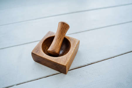 wooden stupa, stupa for grinding grasses, made by handの写真素材