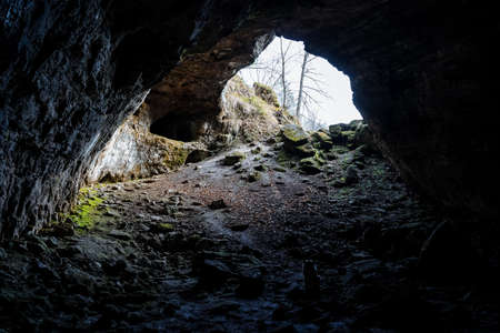 Panoramic view of the exit from the cave. sunlight penetrates and illuminates the exit from the cave, the walls are covered with green moss. Exploring caves and wildlife. High quality photo. High quality photoの写真素材