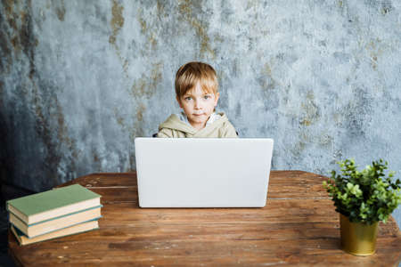 The boy sits at a table with a laptop on a light background. Next to him on the table are books and...