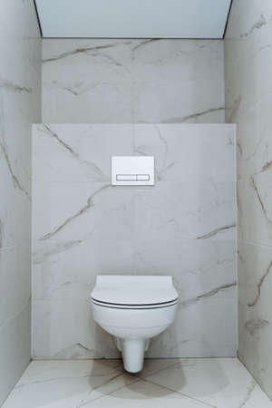 Toilet is suspended in the modern apartments. Marble latrine, snow-white interior. Separate restroom with amenitiesの写真素材