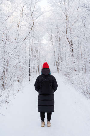 Walk in winter. A young girl in a down jacket walks through a winter grove. The trees are covered with snow. A girl walks along a path in the parkの写真素材