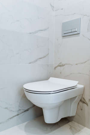 Toilet is suspended in the modern apartments. Marble latrine, white interior. Separate restroom with amenities. High quality photoの写真素材