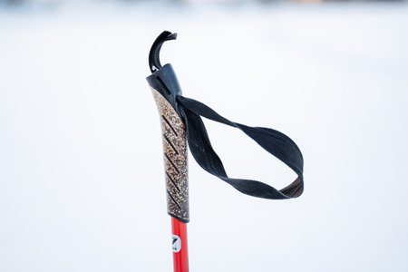 Handle from a ski pole with a loop for the hand. Part of the sports equipment of skiers. Cork wood handle. High quality photoの写真素材