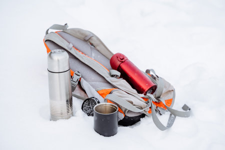 Picnic on the side of the road.  hot coffee. Backpack for carrying things. Hiking style of the...