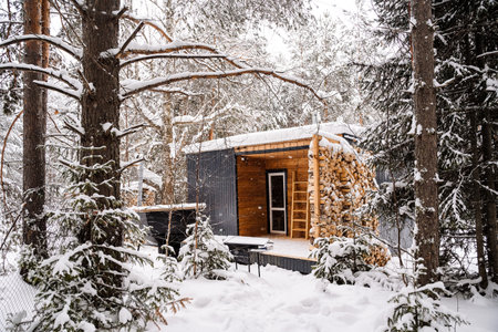 Modular house made of dark metal and light wood in winter forest. a house that takes into account...