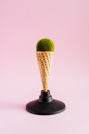 A waffle ice cream cone is on a plastic stand. An unusual shot of food. Instead of ice cream, the sphere is made of lawn. green food. high quality photoの写真素材