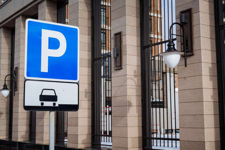Parking place for public transport. Traffic sign, stop the car for parking. Parking for residents of...