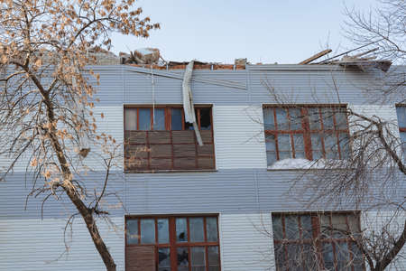 The consequences of the disaster, the building suffered from an explosion, broken windows, the roof...