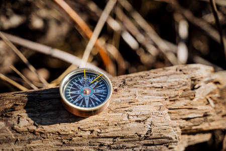 Vintage retro compass lies on a log, the sun shines on the object, arrow to the north, orientation in the forest.の写真素材