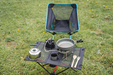 Camping furniture for outdoor recreation, folding chair, tourist utensils for eating, compact table,...