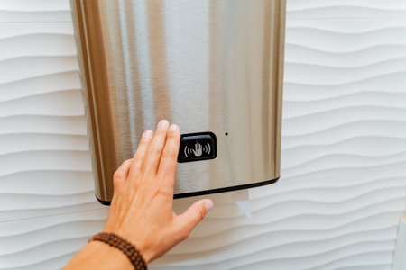 Hand reaches for towel dryer, automatic paper towel supply, touch sensor for hand touch, toilet room. high quality photoの写真素材