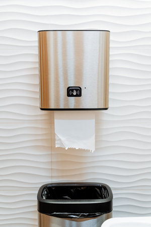 Automatic paper feeding in the dispenser, toilet room, paper towel dispenser, hand wave sensor, portion dispenser, garbage can. high quality photoの写真素材