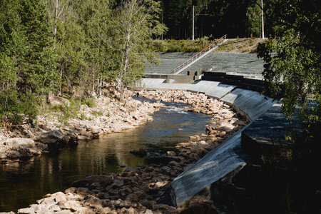 Technological structures to protect the shore from destruction in high water, a concrete embankment,...