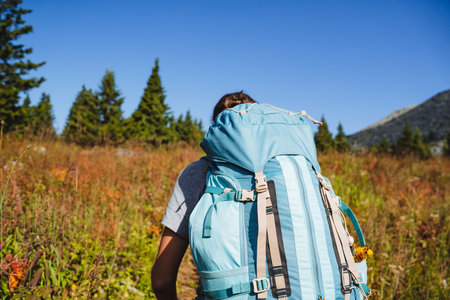Camping equipment, backpack for things, rear view, hiking in the mountains with a trunk, straps on...