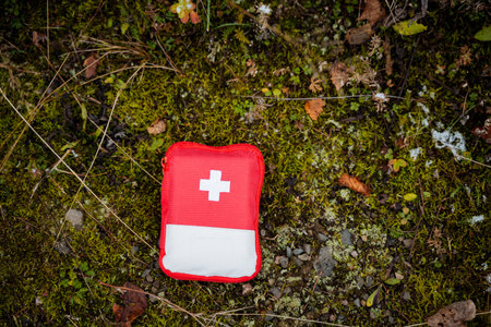 First aid kit lying on the grass shot from the top close-up, a set of pills packed in a small first aid kit, a hiking kit. High quality photoの写真素材