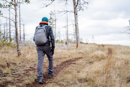 A guy who strives to conquer the tops of the mountains. A backpack on the back symbolizes readiness...
