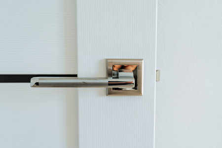 Metal element in home decor, door handle close-up, chrome detail, door lock. High quality photoの写真素材