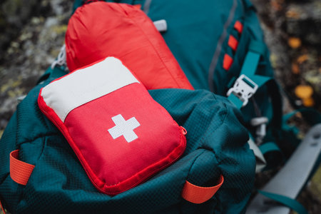 First aid kit close-up, cosmetic bag with medicines. Travel First Aid Kit, Hiking Option. High quality photoの写真素材