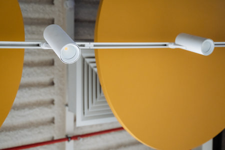 A white spot light hangs from the ceiling. A round lighting fixture is mounted on a rod, spotlight....