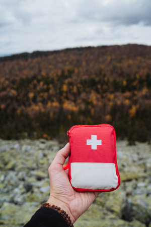 Small travel first aid kit, red medicine bag, travel first aid kit. High quality photoの写真素材