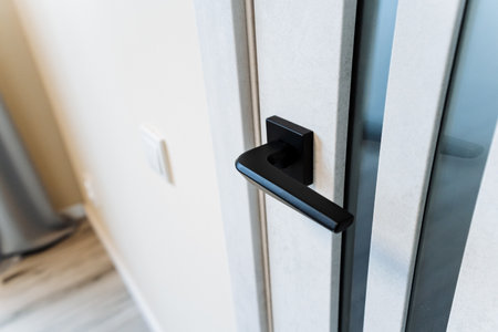 The swim plan is a black door handle, a matte finish of the handle on the door to the room, modern interior details. High quality photoの写真素材