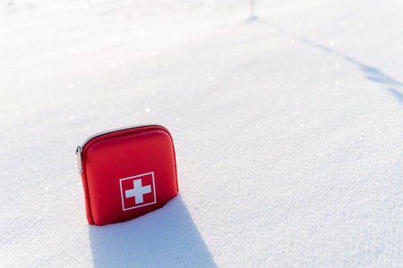 Red First Aid Kit, Travel Small First Aid Kit Concept. High quality photoの写真素材