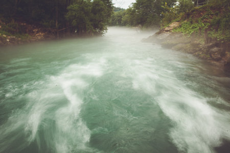Flowing river with waterfall amidst a lush forest.の写真素材