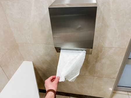In a bathroom, a person is extracting a roll of toilet paper from a stainless steel dispenser, situated in a room with hardwood flooring and wooden fixtures.の写真素材