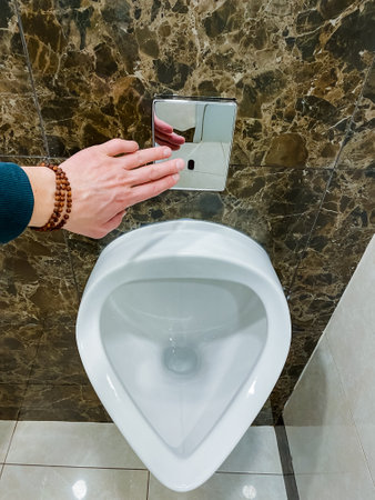 A bathroom accessory, the person's sleeve is holding a mirror over a toilet, a plumbing fixture, in a bathroom as a gesture.の写真素材