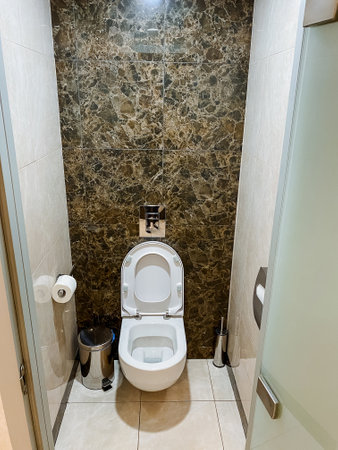 A plumbing fixture, toilet, located in a bathroom, with a marble wall as a backdrop for the toilet...