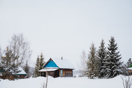 A charming small wooden cabin surrounded by a peaceful winter forest. The snow-covered roof and tall pine trees create a serene and tranquil atmosphere under the cloudy sky.の写真素材