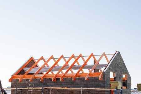 construction of the roof of the house, the beams are painted with protective paint, the construction...