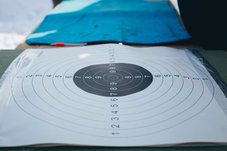 A target with numbers is set up on a table covered by a tarpaulin. The wood circle is outlined in electric blue font, creating a fun and colorful recreation game for players to aim atの写真素材