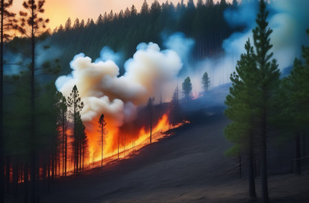 Clouds of smoke rise above the burning forest, natural disaster, forest fire rises up the...