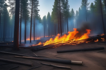 Burning logs lie on the ground. A natural disaster, nature is on fire. High quality photo