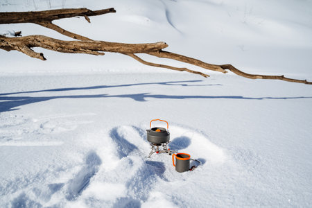 A pot and cup lay abandoned in the snowy landscape by a tree branch, surrounded by ice caps and freezing temperatures, creating a serene winter scene for recreationの写真素材