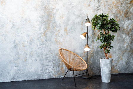 A chair sits near a window in the room, accompanied by a lamp. The houseplant in a flowerpot adds a...