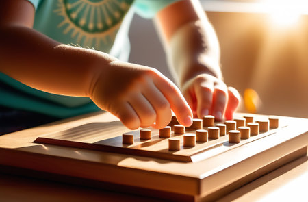 A child is playing with a wooden board game, using their hand to move the pieces. They are tapping the orange pieces like a musical instrument, creating electronic sounds with gesturesの写真素材