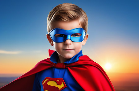 A young boy with an orange cape, mask covering his forehead and eye, ready to soar high in the sky. His azure eyewear enhances his vision care for the ultimate superhero experienceの写真素材