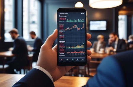 A person is holding a portable communications device with a graph displayed on the screen. The...