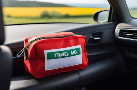 A red travel aid bag rests on the dashboard of a luxury car, adding a pop of color to the vehicles sleek interior designの写真素材