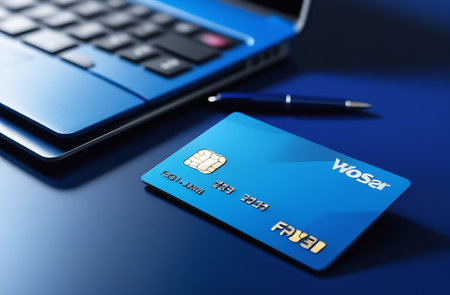 A blue credit card is placed next to a laptop, a modern personal computer. The laptop is a popular gadget equipped with various peripherals and input devices for communication in azure fontの素材