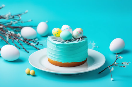 A blue cake with Easter eggs on top is displayed on a white plate, showing beautiful cake...