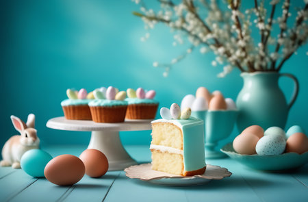 On the table for Easter, there is a cake, cupcakes, eggs, and a bunny. The table is decorated with...